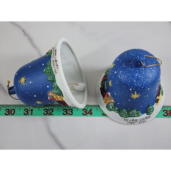 Christmas Village Square Bell Ornaments 4" Porcelain 90's Blue Lot of 2 Vintage - Picture 12 of 12